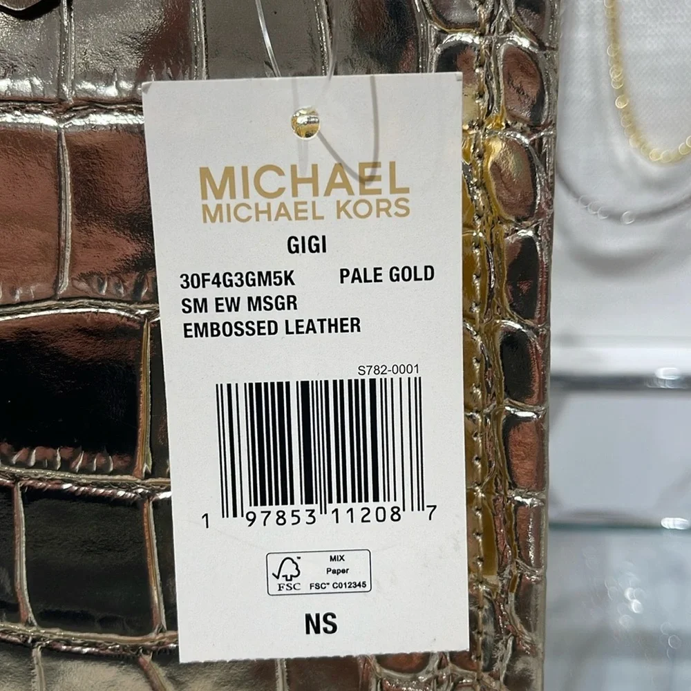 Michael Kors Gigi Small Metallic Crocodile Embossed Leather Messenger Pale Gold